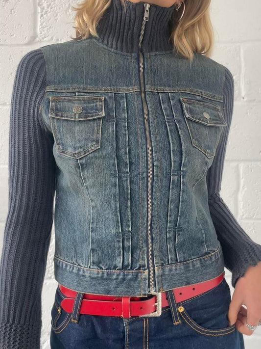 Denim Jacket with Knitted Sleeves