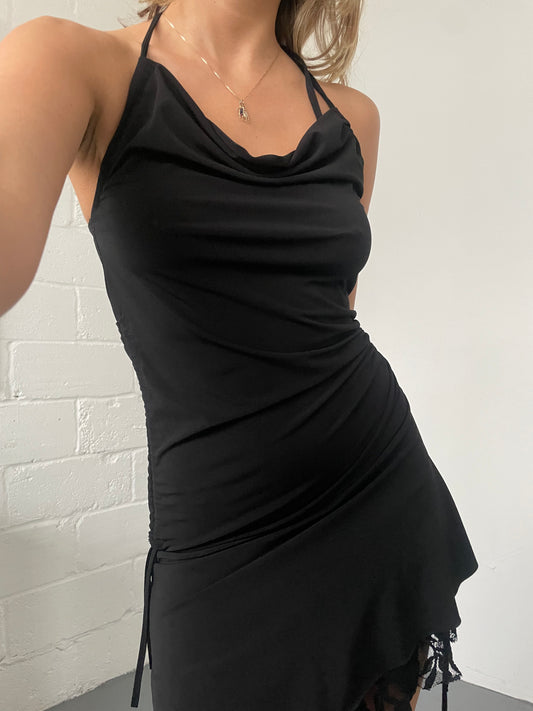 Cowl Neck Adjustable Black Mini Dress