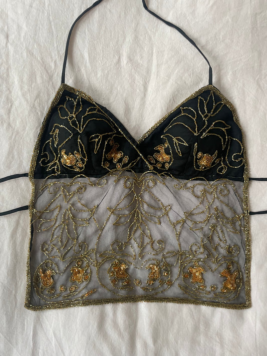00s Beaded Backless Top - Black and Gold