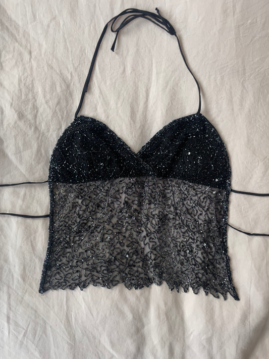 00s Beaded Backless Top - Black