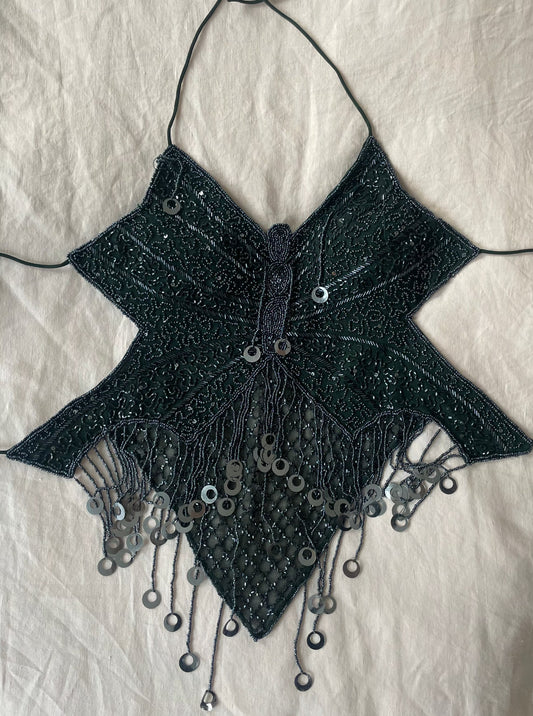 00s Beaded Backless Top - Black Butterfly