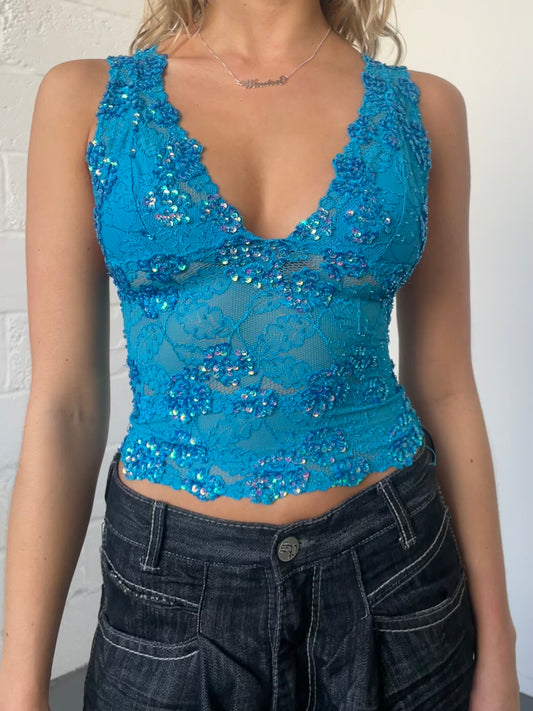 Blue Lace and Sequin Top