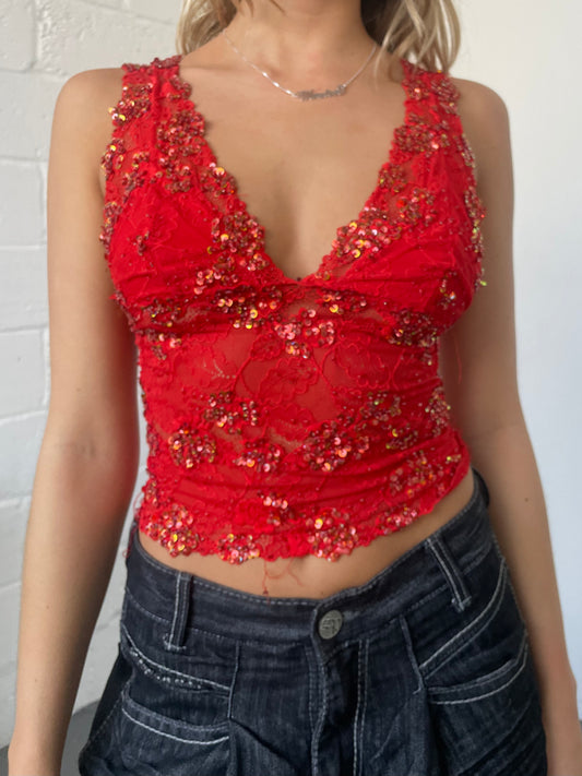 Red Lace and Sequin Top