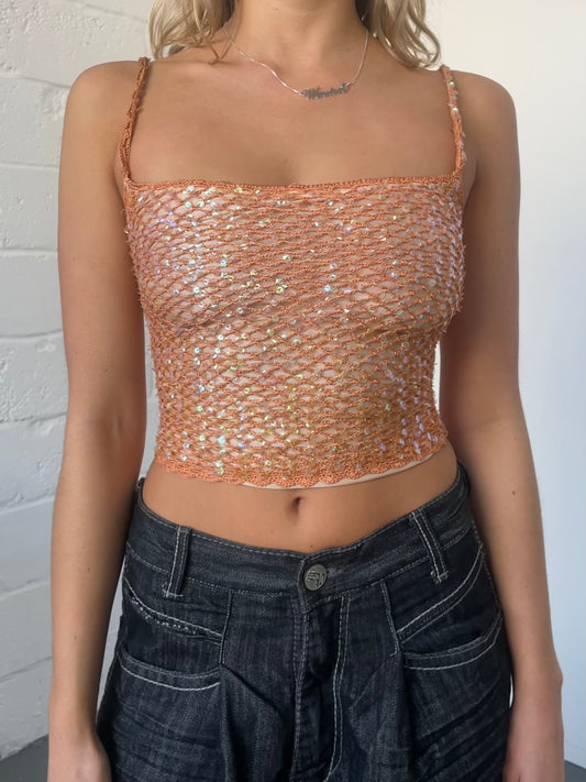 Orange Sequin Crochet Top