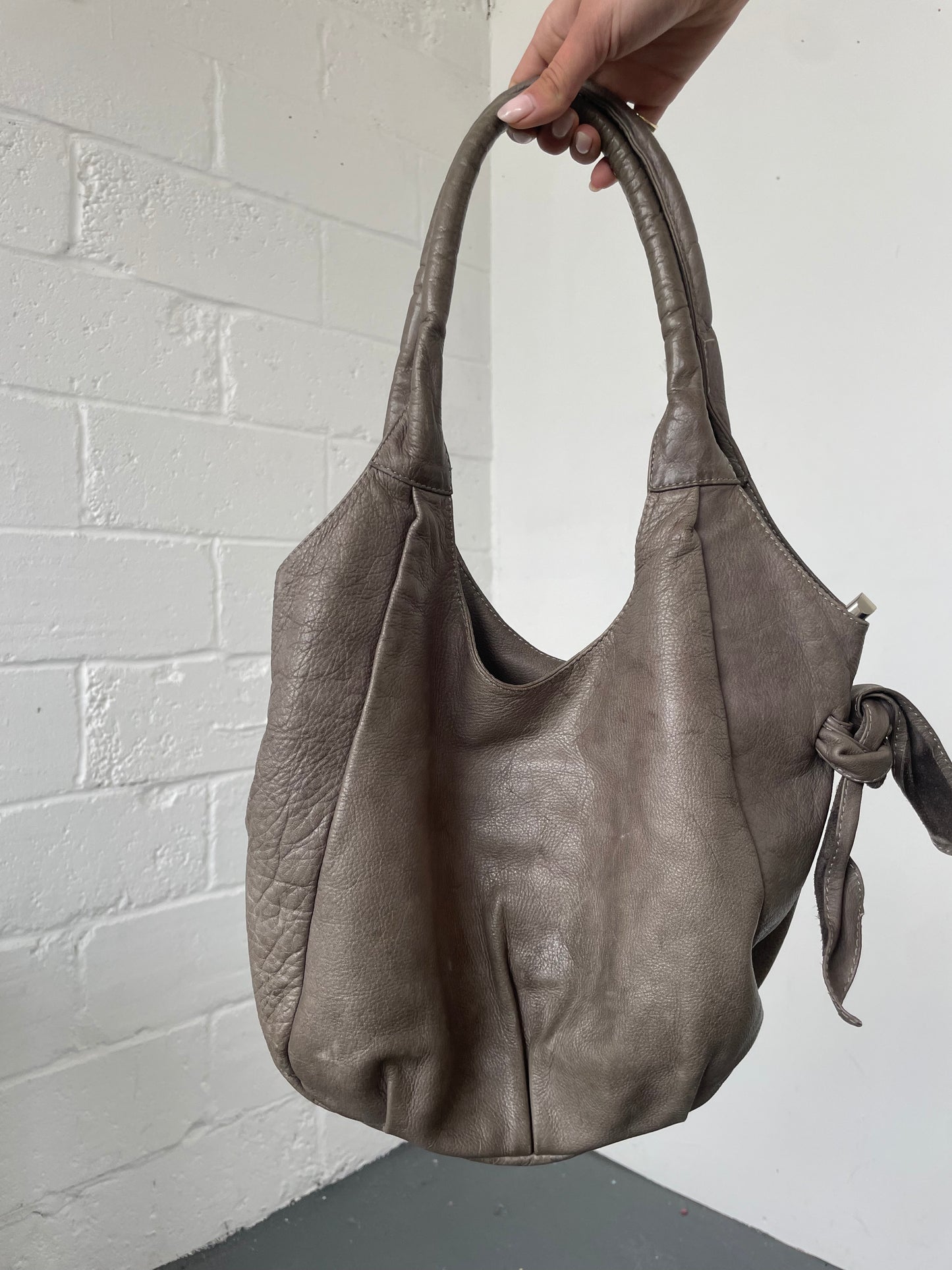 Khaki Leather Slouchy Bag